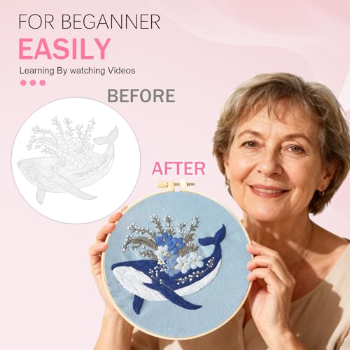 Huacan Embroidery Kit for Beginners Adults Includes Stamped Bee and Dolphin Pattern, Hoop, Color Threads,Tools,Easy to Follow Instruction
