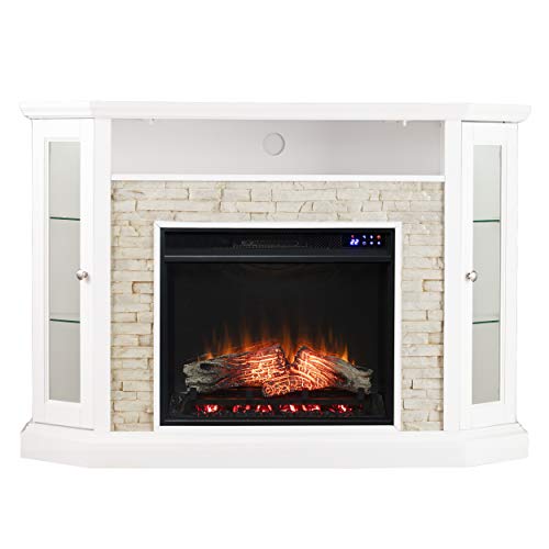 SEI Furniture Redden Faux Stone Corner Convertible Electric Fireplace with Media Storage, New Fresh White SEI Furniture
