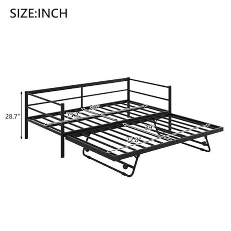 Nahenduo Twin Size Daybed with Pop up Trundle & Adjustable LED Lights, Futon Frame Bed, Metal Sofa Bed Frame for Living Room Bedroom Guest Room, Small Space, No Box Spring Needed (Black + LED) Nahenduo