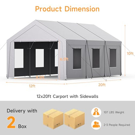 Carport 12x20 ft Heavy Duty, Car Port with Reinforced Steel Frame and 6 Roll-up Windows, Portable Garage with Removable Sidewalls, Water-Proof All-Season Car Canopy for Boat, Truck, Light Grey ONBRILL