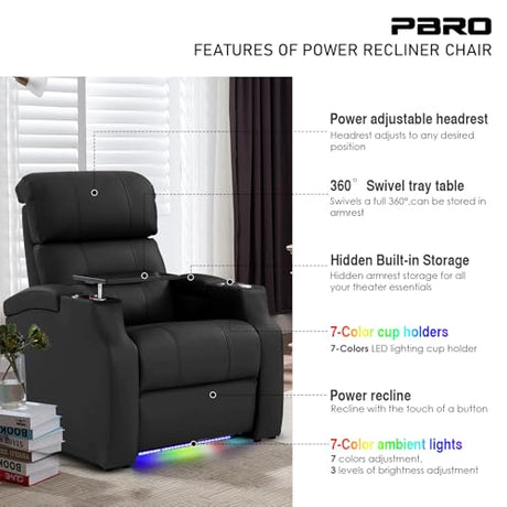 PBRO Home Theater Seating Top Grain Leather, Zero Gravity Recliner Chair Movie Theater Chairs Electric Sofa with Power Reclining USB Charge Ambient Lighting Black Single Seats for Living Room PBRO