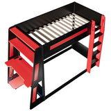 Twin Size Gaming Bunk Bed with Desk & LED Light & Charging Station,Twin over Twin Wood Loft Bed Frame with 2 Storage Shelves & Safety Guardrails & Ladder for PC & Console Gamers Bedroom,Black Red FUvellamo