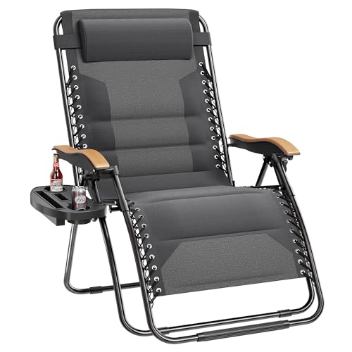 PHI VILLA XXL Oversized Padded Zero Gravity Chair, Foldable Patio Recliner, 30" Wide Seat Anti Gravity Lounger with Cup Holder, Support 400 LBS (Light Gray)