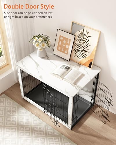 Megidok Wooden Dog Crate Furniture with Cushion,Large Dog Crate End Table with Tray, Double Doors Kennels Indoor (43.1" L*28.6" W*30.3" H, Marble White) Megidok