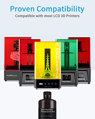 ELEGOO Water Washable 3D Printer Resin, Rapid Precise Printing Resin 405nm Curing Resin for LCD 3D Printer, Grey 1000g ELEGOO