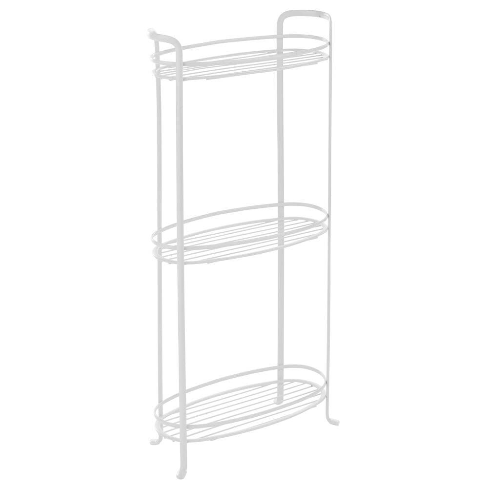 mDesign 3 Tier Vertical Standing Bathroom Shelving Unit, Decorative Metal Storage Organizer Tower Rack with 3 Basket Bins to Hold and Organize Bath Towels, Hand Soap, Toiletries - White mDesign