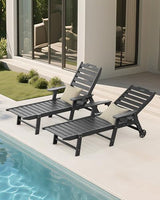 Carauci Lounge Chair Outdoor, HDPE Chaise Lounge with Wheels, 5-Position Adjustable Backrest & 2 Cup Holders Patio Lounge Chair, All-Weather Pool Sun Lounger for Poolside, Backyard, Black