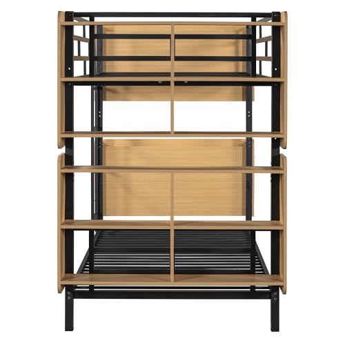 YOPTO Twin Over Twin Size Metal Bunk Bed with Ladder and Full-Length Guardrail,Modern Bunkbeds W/Storage Headboard and Foot Shelving,No Box Spring Needed,2 Assembly Options,for Teens,Bedroom,Black