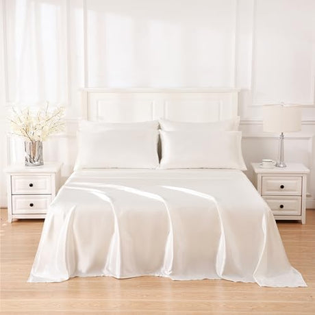 Sleeplite 4 Piece Luxury Satin Bed Sheets Set with Pillowcases - Ultra Soft & Silky, Hypoallergenic & Wrinkle-Free, Hotel Quality Comfort Bedding, Size Full, Snow White Sleeplite