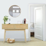 HOPUBUY Console Table Rattan Desk with Drawers, Oak Narrow Sofa Table with Pine Leg, Modern Small Entryway Table for Hallway and Living Room, 39" Rustic Natural HOPUBUY