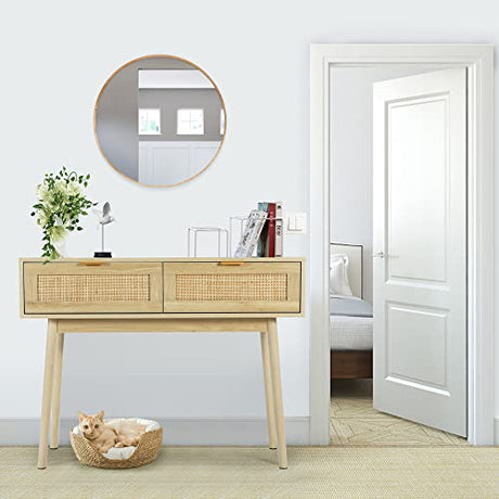 HOPUBUY Console Table Rattan Desk with Drawers, Oak Narrow Sofa Table with Pine Leg, Modern Small Entryway Table for Hallway and Living Room, 39" Rustic Natural HOPUBUY