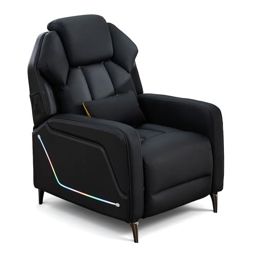 SnyFivv Gaming Recliner Chair with LED Lights, Racing Style PU Leather Gaming Recliner for Adults, Ergonomic Push-Back Recliner with Lumbar Pillow, Home Theater Seating with Side Pockets, Black