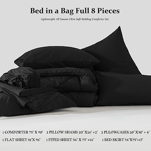Newspin Full Comforter Set Black - Bed in a Bag Full Size 8 Pieces, All Season Bed Set, Fluffy Comforter Set with Sheets, Sheet Set Quilt Blanket, Pillowcases & Shams & Bed Skirt Newspin