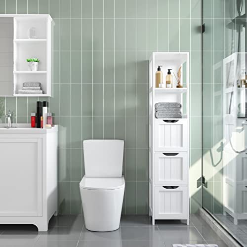 Yaheetech Bathroom Tall Cabinet, Slim Storage Cabinet, Narrow Freestanding Floor Cabinet with 3 Drawers & 2 Shelves, Linen Tower for Small Space, 12" D x 12" W x 56" H, White Yaheetech