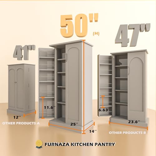 Furnaza LED Kitchen Pantry Storage Cabinets - 50 Inch Food Cabinets Buffet Cupboards with 2 Doors and Shelves Adjustable for Small Space in Dinning Room, Living Room, in Grey Furnaza
