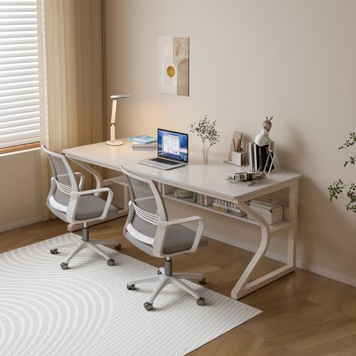 OSCHF Extra Long Desk with Bookshelf - 63" Double Long Writing Table for 2-Person Workstation, Modern Study Work Computer Desk for Home and Office, Warm White OSCHF