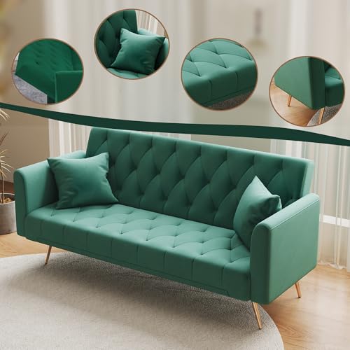 72"Modern Velvet Sofa Bed Futon,Convertible Folding Sleeper Bed Couches with 3 Adjustable Backrests,Tufted Recliner Love Seat with Golden Chrome Legs for Living Room Apartment Office (Green+pillows) Anwick