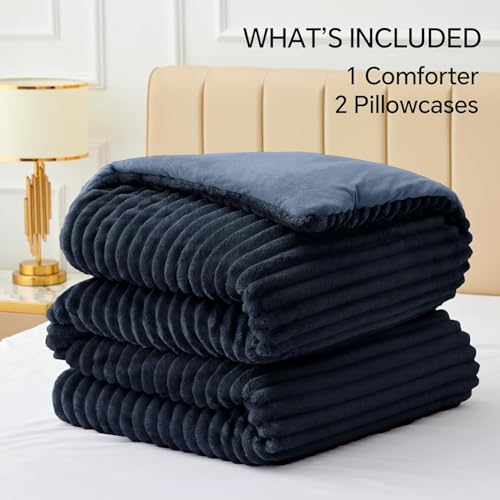 BEDELITE Fleece Queen Comforter Set -Super Soft & Warm Fluffy Navy Blue Bedding, Luxury Fuzzy Heavy Bed Set for Winter with 2 Pillow Cases BEDELITE