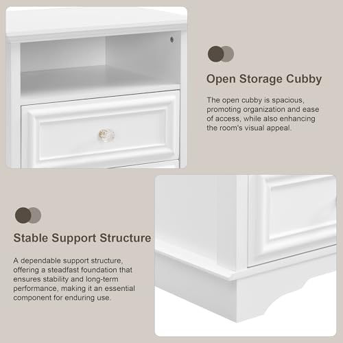 XIAO WEI White Nightstand with Hidden Drawer, 2-Drawer Nightstand with Open Shelf – Sturdy Wood Bedroom End Table with Storage, Modern Furniture for Bedroom Organization XIAO WEI