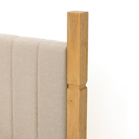 Yechen King Size Bed Frame, Wood Bed Frame with Upholstered Headboard, Solid Wood Posts and Feet, No Box Spring Needed, Beige Linen Yechen