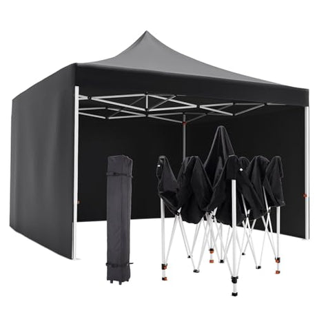 GarveeLife Commercial Canopy Tent 10*10ft,Instant Gazebo Tent, Outdoor Portable Shelter With 3 Sidewalls, Windows, Wheeled Bag,Stakes and Ropes,Pop Up Canopy Tent for Outdoor/Parties and Events-black GarveeLife