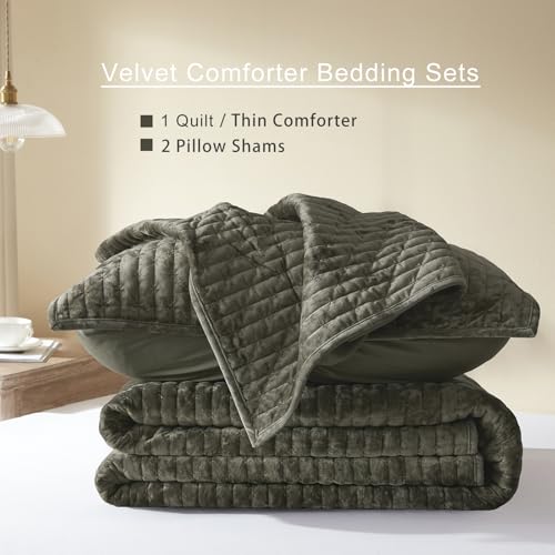 LEAONME Velvet Quilt King Size 98''x106'', Lightweight Olive Green Velvet Comforter Set with 2 Matching Shams, Soft Cross Stitch Bedspread Coverlet Bedding Set for All Season LEAONME