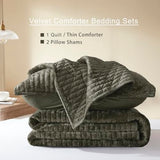 LEAONME Velvet Quilt King Size 98''x106'', Lightweight Olive Green Velvet Comforter Set with 2 Matching Shams, Soft Cross Stitch Bedspread Coverlet Bedding Set for All Season LEAONME