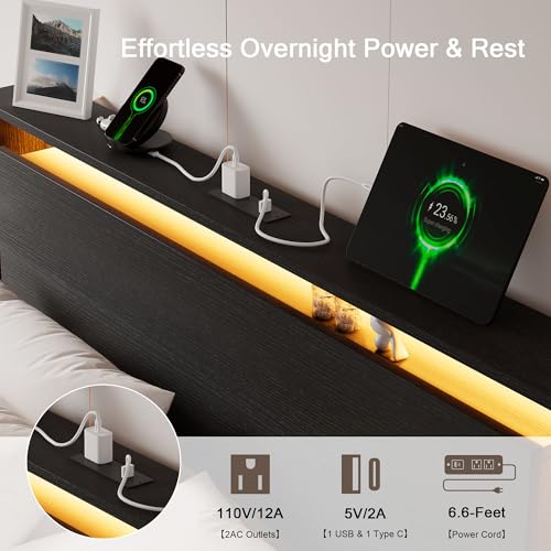 Einhomn Full Size Bed Frame with LED Lights & Charging Station – Kids Wood Floating Bed Frame with Storage Headboard, Adhesive Slats, Kick-Free & Noise-Free Design, Easy Assembly, Black Einhomn