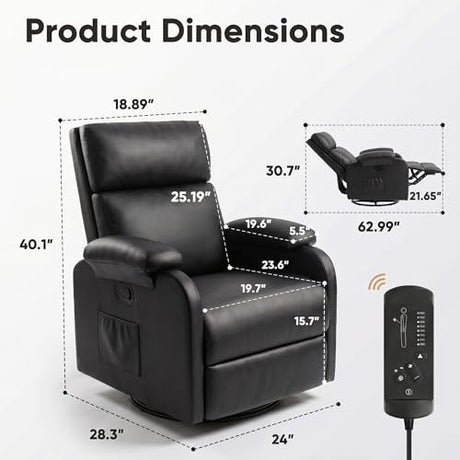 Flamaker Rocking Chair for Nursery, 360 Swivel Rocker Recliner with Vibration Massage, PU Leather, Adjustable Backrest, for Living Room, Bedroom (Black) Flamaker