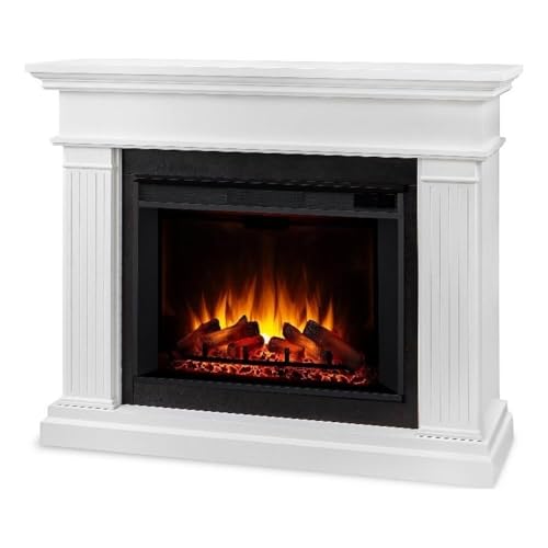 BOWERY HILL Contemporary 55.5" Wooden Surround Heater Electric Solid Wood Fireplace with Remote Control, Adjustable Led Flame, 1500W in White