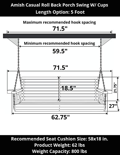 Amish Casual Heavy Duty 800 Lb Roll Back 5ft. Treated Porch Swing with Cupholders - Cedar Stain - WoodArtSupply