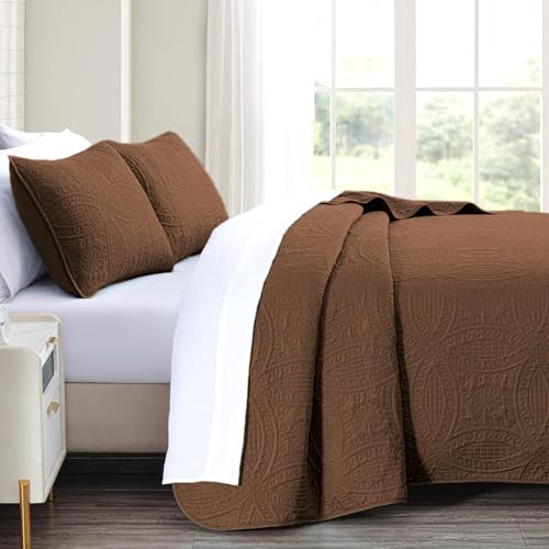 akkialla Full/Queen Quilt Bedding Set,Brown Ultrasonic Quilt Set,Lightweight Soft Bedspread Coverlet,Modern Style Coin Pattern Bed Cover for All Seasons,3 Piece(1 Quilt,1 Pillow Shams) akkialla