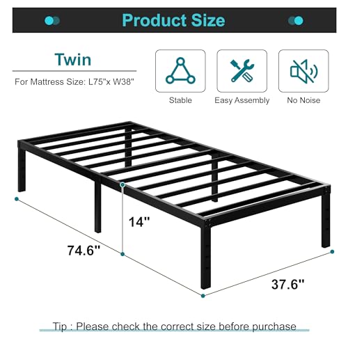 Maenizi Heavy Duty Twin Bed Frame No Box Spring Needed, 14 Inch Metal Platform Bed Frame Twin Support Up to 2500 lbs, Easy Assembly, Noise Free, Black Maenizi