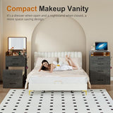 Lvifur 3 in 1 Vanity Desk with Flip Top Mirror and Lights,Glass Top Compact Vanity with 3Drawers &Rolling Stool, Modern Small Makeup Vanity Table w/Charging Station,Bedroom,Rustic Oak Lvifur