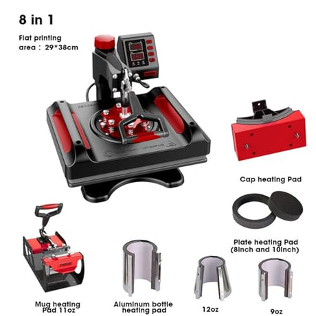ZZBSOD Heat Press Machine Pro 8 in 1 Heat Press Combo 15'' X 12'' Swing Away Digital Heat Transfer Machine for T-Shirts Mug Cap Plate ZZBSOD