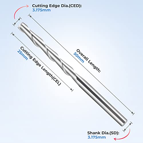 HQMaster CNC Router Bits 1/8" Shank CNC Bit End Mill Flat Nose Carbide Endmill Two Flute Spiral Upcut Milling Cutter Tool Set for Wood PVC MDF Hardwood 10Pcs (3.175mm, Total Length: 50mm) HQMaster