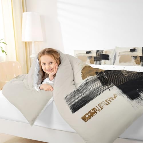 Feelyou Black Gold Comforter Set All Season Modern Minimalist Bedding Set with 2 Pillow Cases Geometric Line Microfiber Kids King Bedclothes Bedroom Decor Duvet Quilt Breathable Soft Lightweight Feelyou