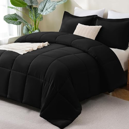 CozyLux King Size Comforter Set - Black Comforter King, 3 Pieces Box Stitched Bed Set for All Seasons, Soft Lightweight Bedding Sets with 1 Down Alternative Comforter and 2 Pillow Shams CozyLux
