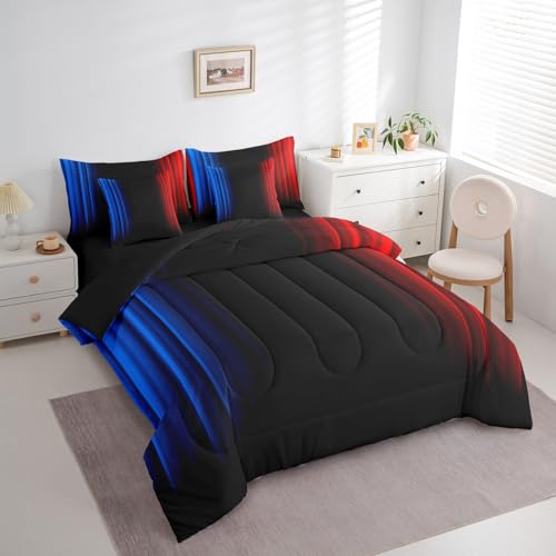 Feelyou Geometric Ombre Teens Comforter Set with Sheets Full Size Kids Boys Women Blue Red and Black 7 Piece Bedding Set Decor Modern Stripes Bed Set Feelyou