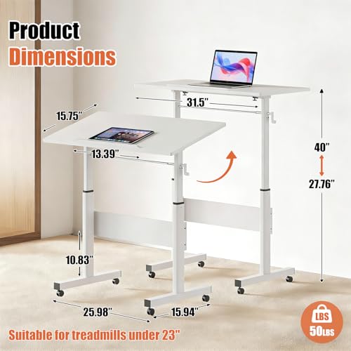 Hand Crank Small Standing Desk, Adjustable Height 27.76-40", Tiltable Tabletop with Wheels, Portable Laptop Computer Table, Rolling Podium Mobile Stand Up Desk for Walking Pad Treadmill, Home Office huacz