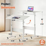 Hand Crank Small Standing Desk, Adjustable Height 27.76-40", Tiltable Tabletop with Wheels, Portable Laptop Computer Table, Rolling Podium Mobile Stand Up Desk for Walking Pad Treadmill, Home Office huacz