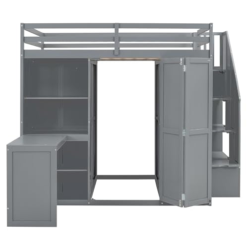 Harper & Bright Designs Full Size Loft Bed with Stairs and Desk, Wood Full Loft Bed with Wardrobe & Storage Shelves, Full Storage Bed for Kids Teens, Gray Harper & Bright Designs