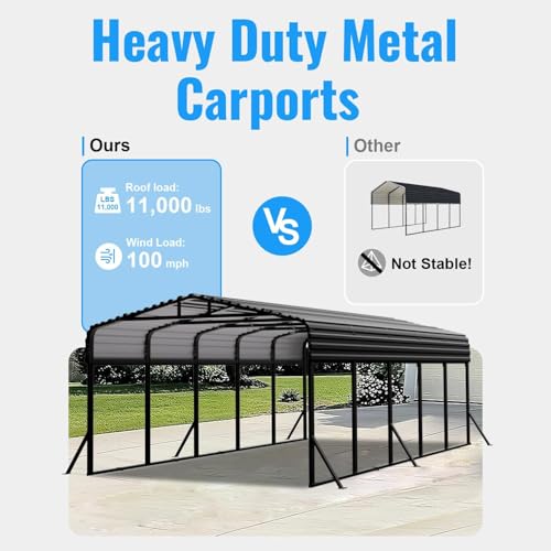 12x25FT Metal Car Port, Extended Carport 12x25 Heavy Duty with Reinforced Frame & Side Support Poles for All-Weather, Large Carport for Pickup Trucks, Boats, Cars & Tractors WUKHG