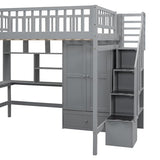 Ball & Cast Full Size Loft Bed with Storage Ladder and Bookshelf,Wooden Bedframe w/Drawers & Wardrobe,Desk,Full-Length Guard Rail,Space Saving,Bedroom Furniture for Student Dorms,Gray Ball & Cast