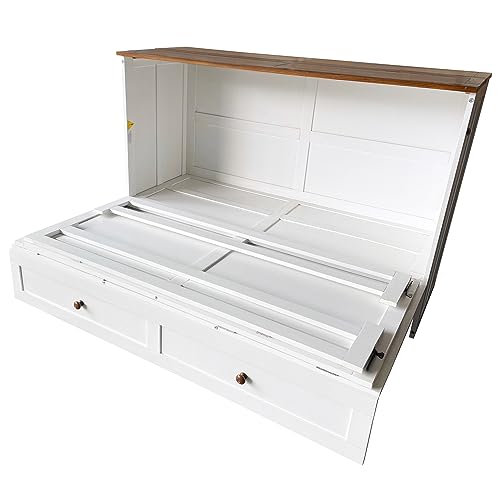 YOPTO Full Size Solid Pine Wood Murphy Bed Chest with USB Port & Large Storage Drawer,Hidden Cabinet Bed,Foldable Wall Bed,for Kids Bedroom,Student Dorms,Office,Small Room,White+Walnut YOPTO