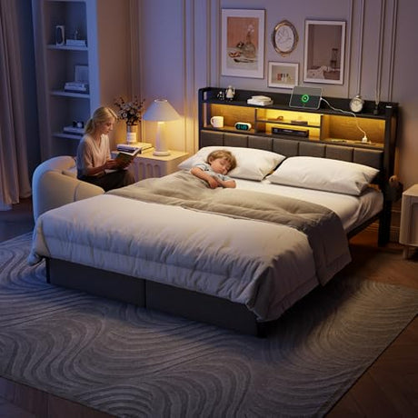 Furnulem King Bed Frame with Wood Headboard & Storage Drawers, Metal Platform Bed Frames King Size with LED Lights, Built in Charging Station, No Box Spring Needed, No Noise, Easy Assembly, Black Furnulem