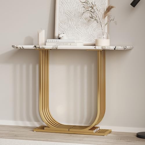 GDFStudio 43.3" Modern Console Table, Narrow Wooden Entryway Table with Imitation Marble Top and Gold Metal Base, Accent Sofa Table Behind Couch for Living Room Foyer Hallway, White+Gold GDFStudio