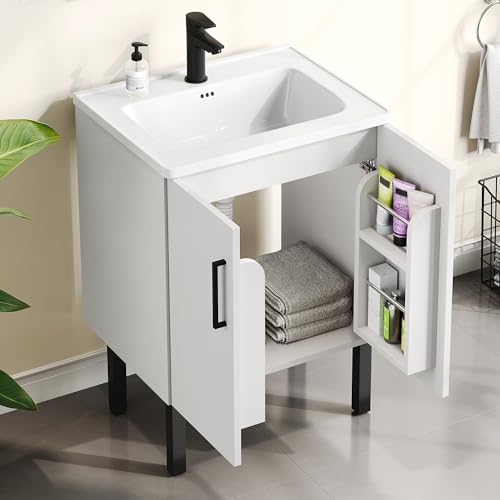 YITAHOME 24 Inch Bathroom Vanity with Ceramic Sink, Freestanding Bathroom Cabinet Vanity for Small Space, Soft Closing Doors with 2 Built-in Shelves, White - WoodArtSupply