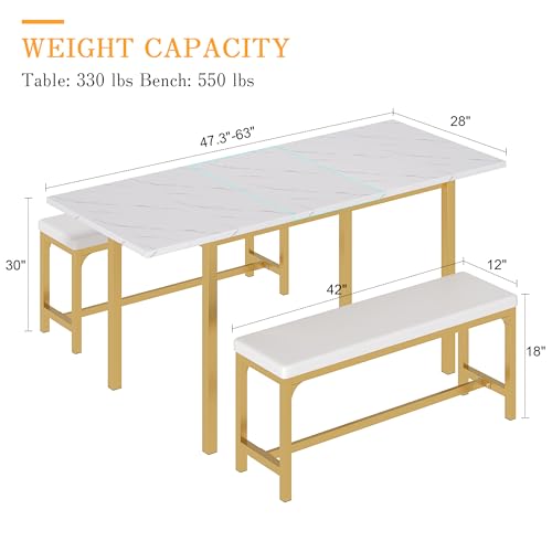 VECELO 3-Piece 63" Extendable Kitchen Table with Benches/Chairs, Modern Breakfast Dinette/Dining Room Set for 4/6/2, Small Space Saving Design, Easy Assembly VECELO