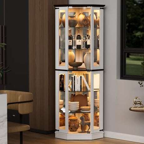 PAKASEPT 71'' Farmhouse Display Curio Cabinet with LED Lights,Tempered Glass Doors,6 Shelves,Floor Standing Display Cage Corner Wine Cabinet Storage Rack for Bar and Liquor Storage,White PAKASEPT